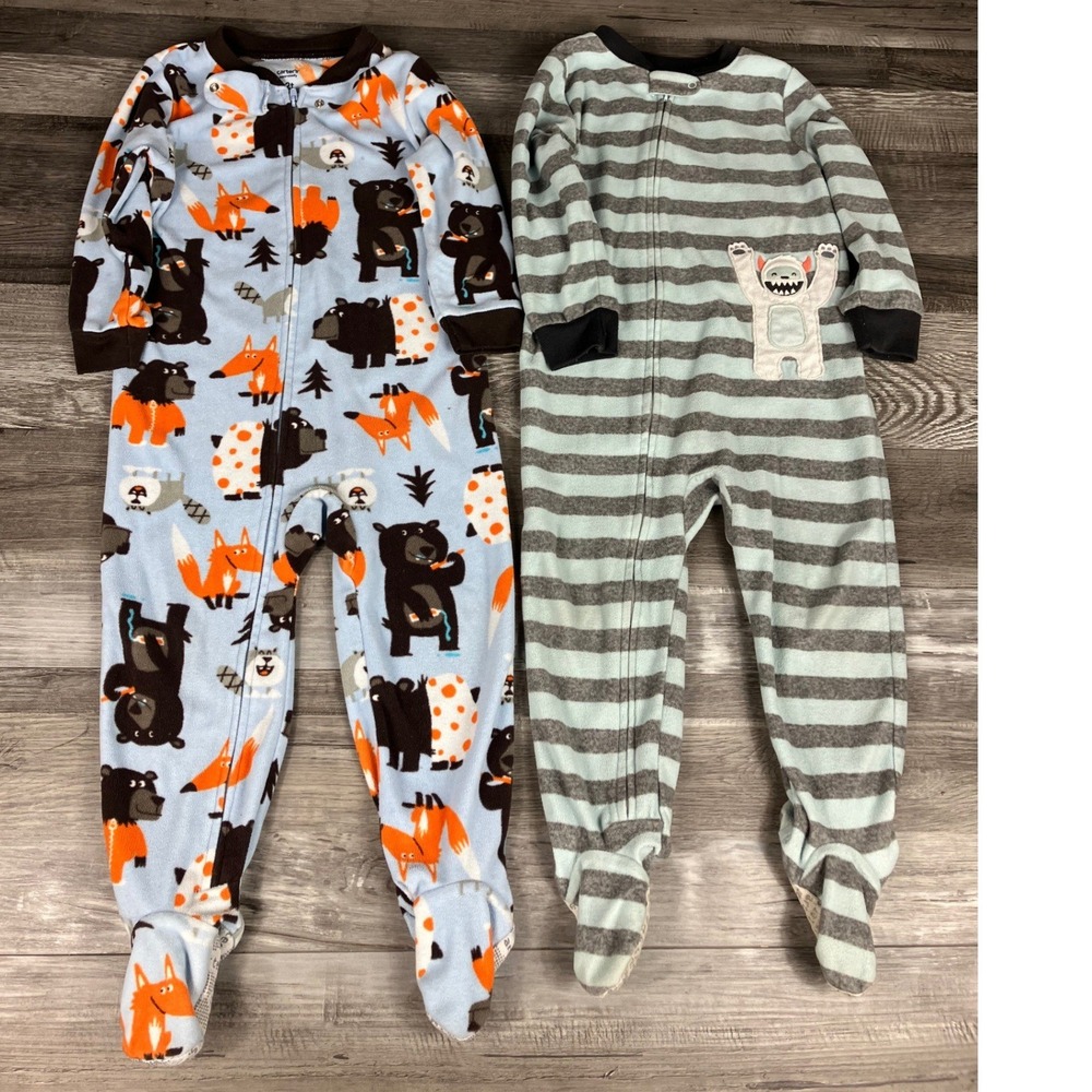 Carters Toddler Boys 2T Fleece Footed Pajamas Lot 2 Woodland Animals Yeti Stripe